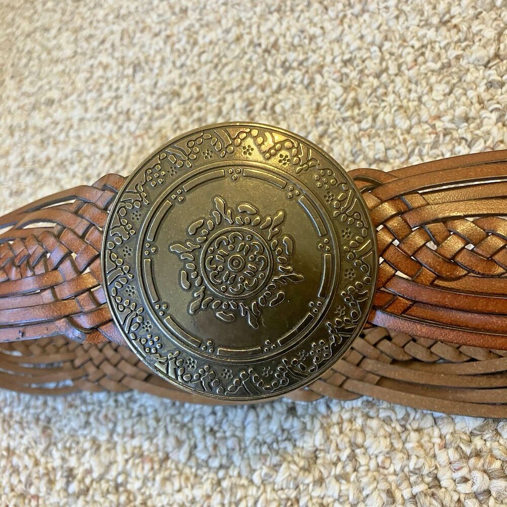 Womens Braided Boho Belt with Medallion Buckle Size S-M Brown Boho Wide Width